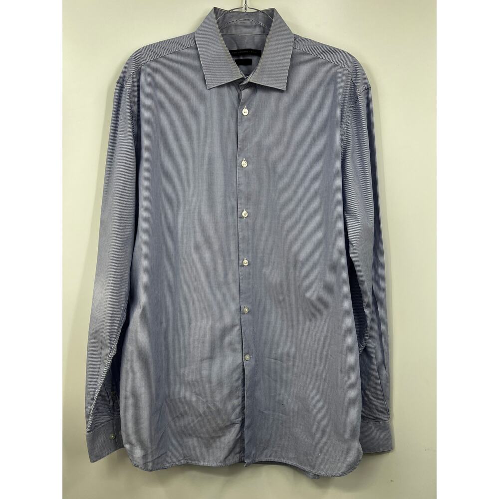 John‎ Varvatos Shirt Slim Fit Stripe Button Front Blue White Size 16 1/2 37 37